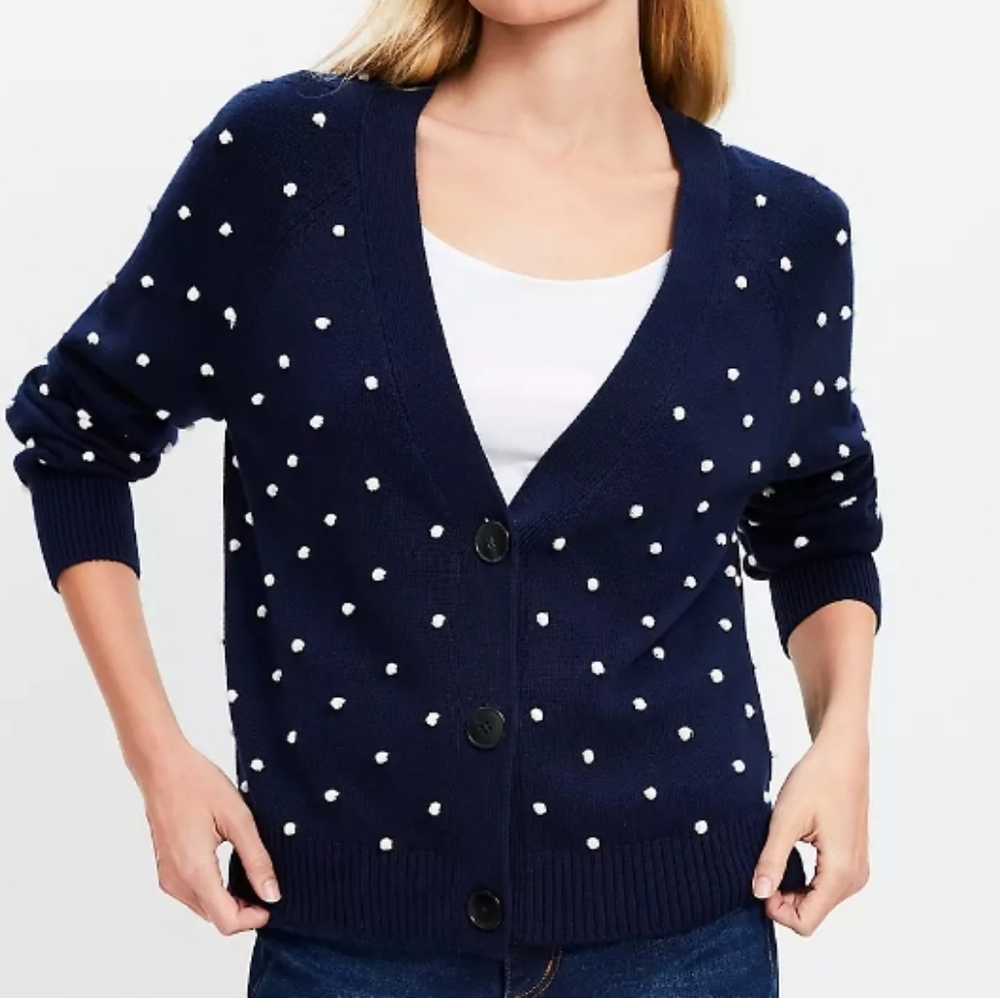 LOFT Women's Navy Blue With White Bobble Dots V-Neck Button Front Cardigan. XL